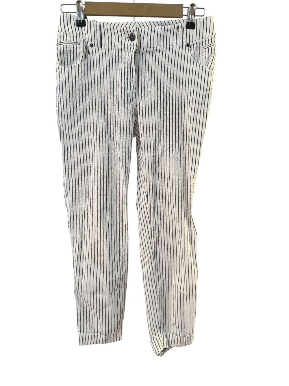 Per Se White and Navy Pinstripe Trousers
